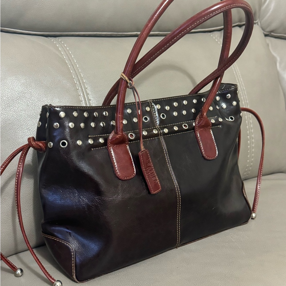 La philipe large dark brown leather trim bag